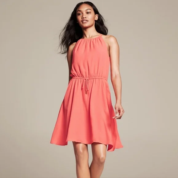 pink halter dress banana republic Stretch-Cotton Halter Maxi Dress